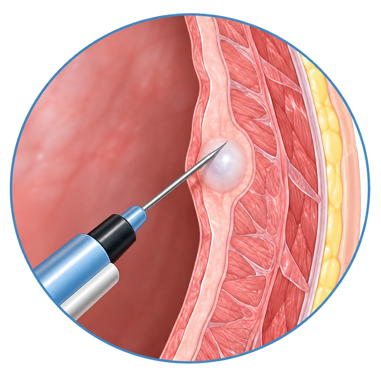 Vue en coupe : une fine aiguille injecte localement le produit dans la paroi vésicale.