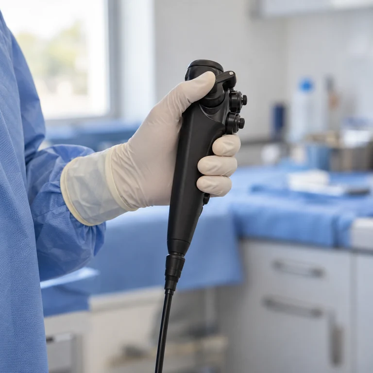 Visuel d’illustration : une main gantée tient un endoscope souple avant un examen.
