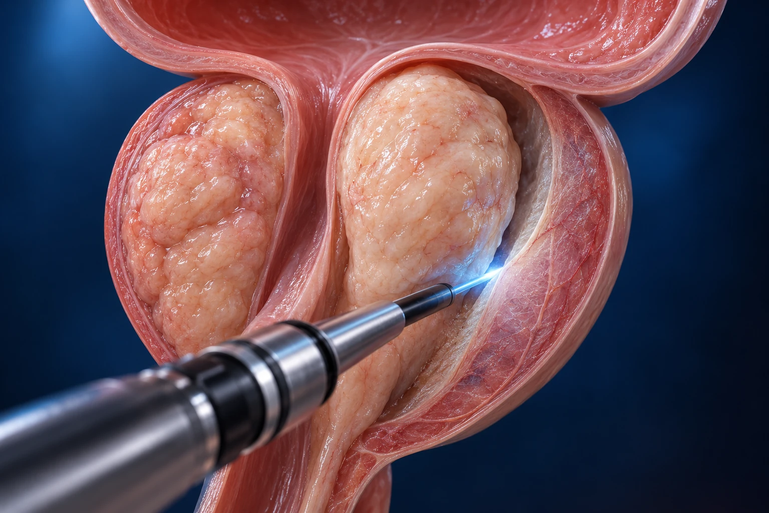 Illustration en coupe de la prostate : le laser sépare l’adénome de la partie périphérique conservée.