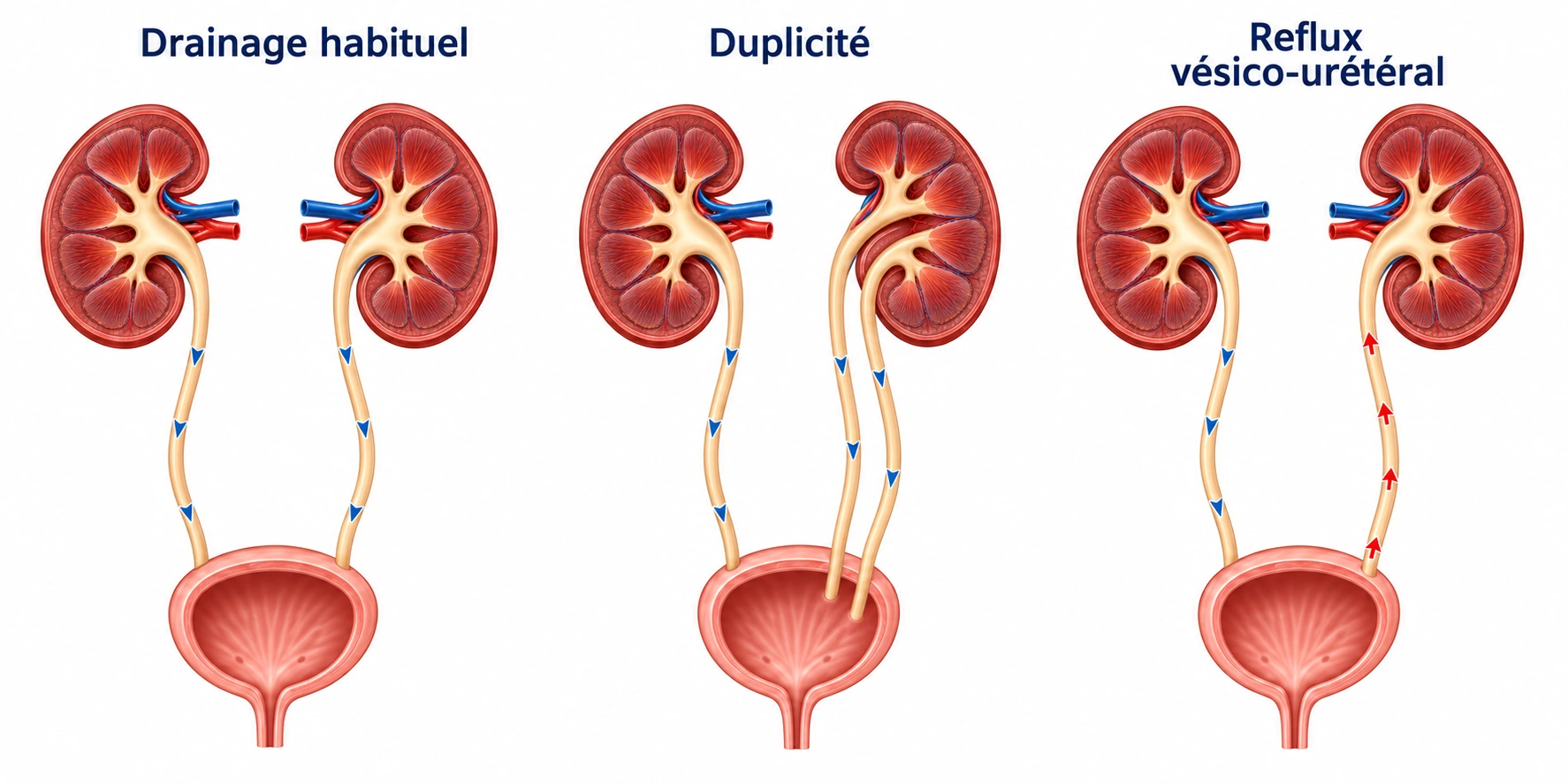 Comparaison du drainage urinaire habituel, d’une duplicité urétérale et d’un reflux vésico-urétéral