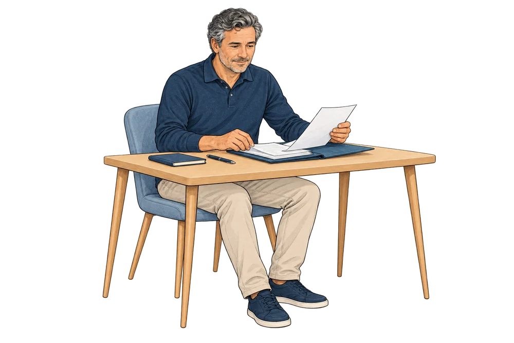 Un patient rassemble ses documents pour préparer sa consultation.