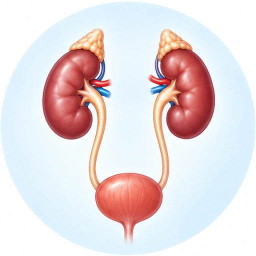 Illustration des reins, des uretères et de la vessie dans leur disposition habituelle.