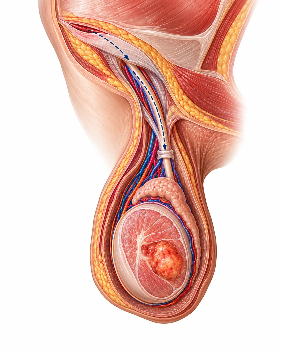 Schéma d’une lésion testiculaire et de la région inguinale.
