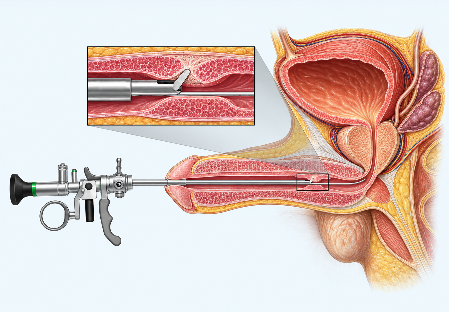 Coupe anatomique de l’urètre masculin avec un urétrotome introduit jusqu’au rétrécissement et un détail agrandi de l’incision.