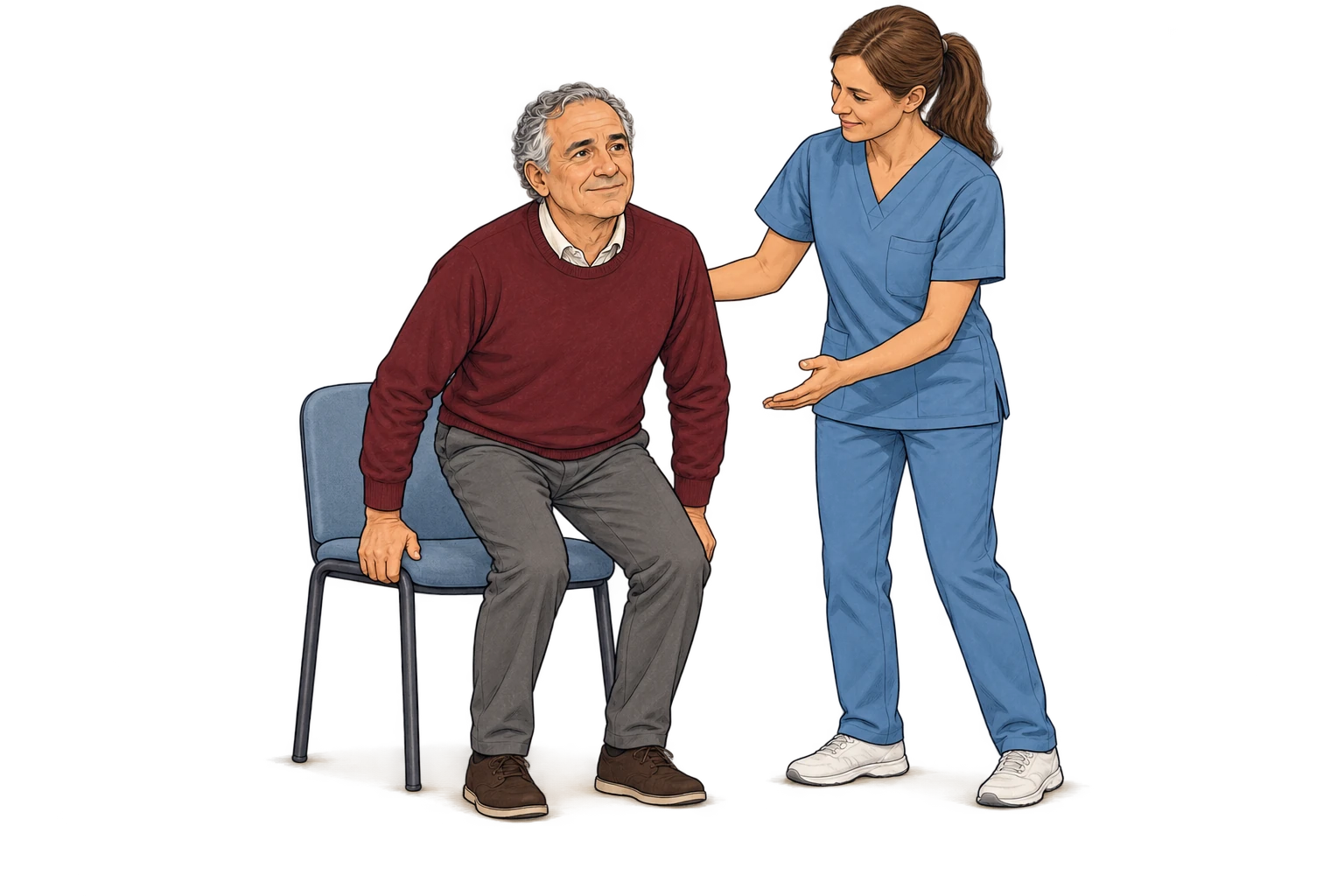 Un patient senior pratique un mouvement adapté avec un professionnel à ses côtés.
