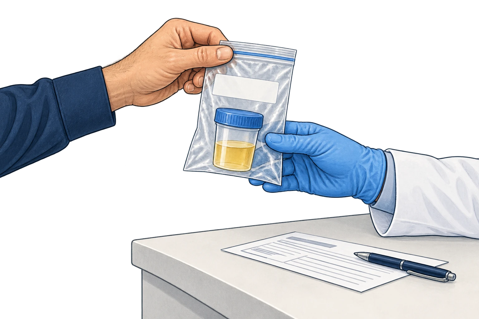Un échantillon d’urines fermé est remis à un professionnel avec une ordonnance.