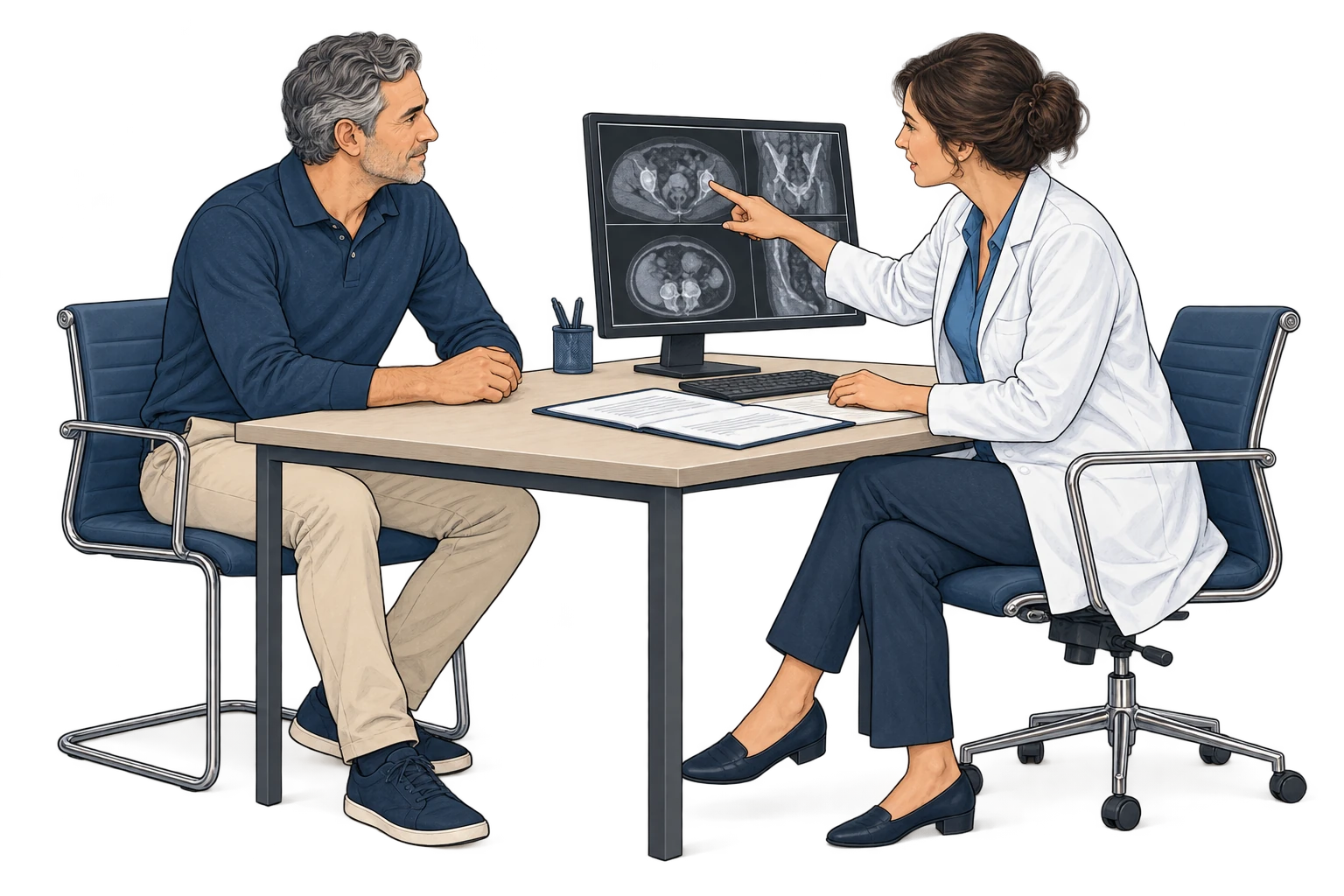 Un patient et un professionnel examinent ensemble ses images médicales.