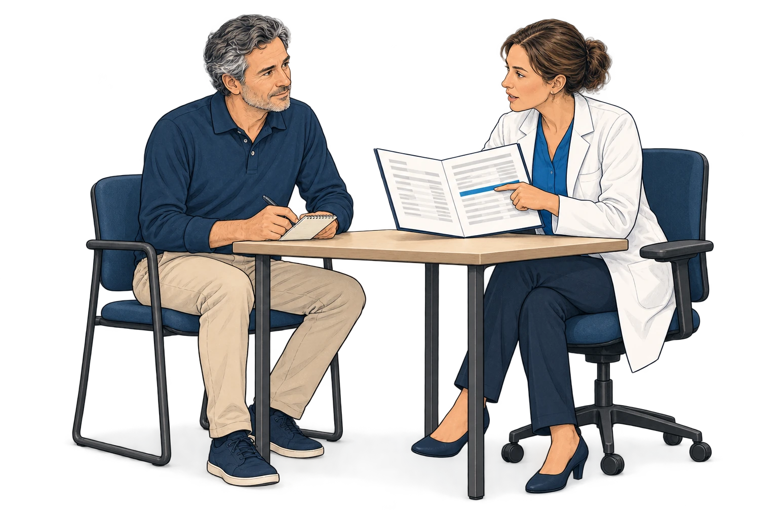 Un patient et un professionnel de santé examinent ensemble des documents médicaux.