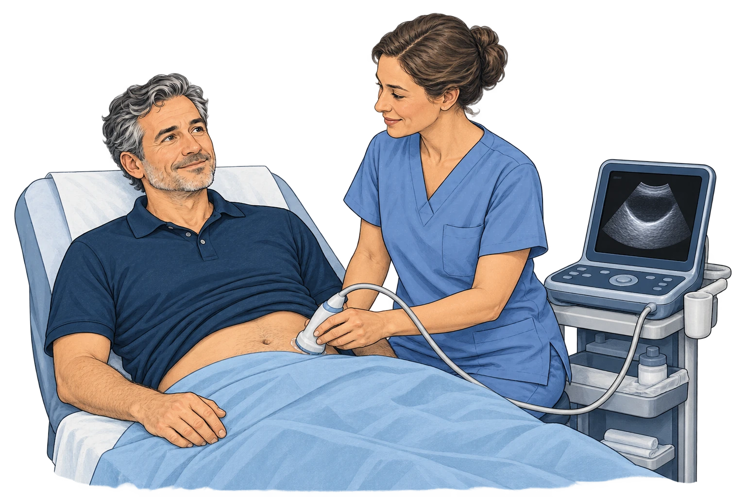 Un professionnel réalise une échographie du bas de l’abdomen d’un patient.