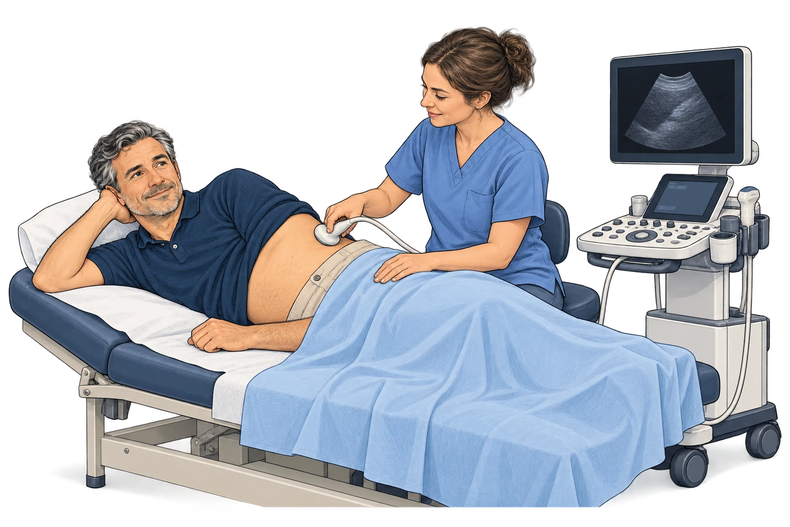 Un patient réalise une échographie avec un professionnel de santé.