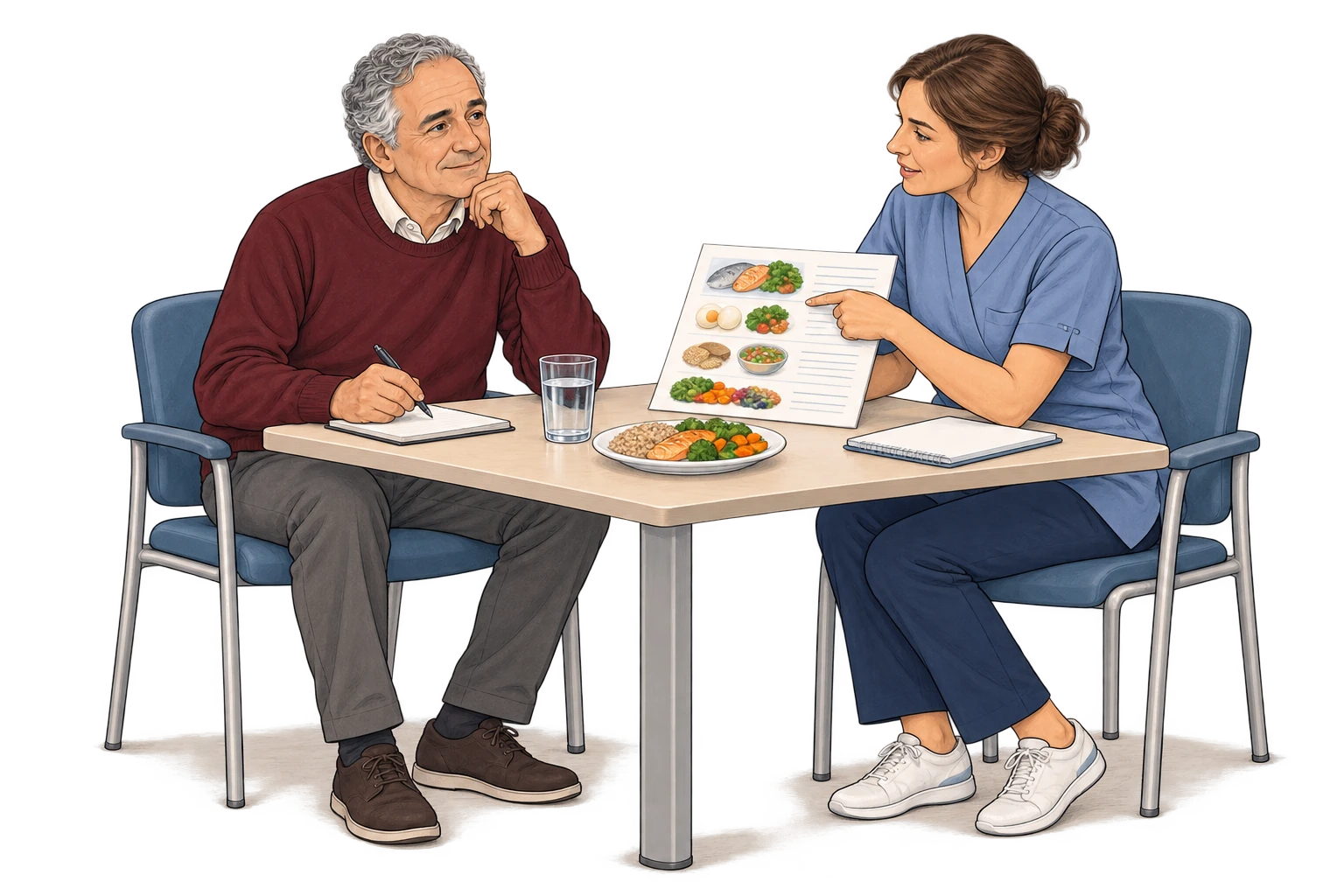 Un patient senior échange avec une diététicienne sur son alimentation.